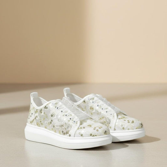 Floral Bridal Sneakers, White Wedding Shoes for Bride, Sequin Lace Sneakers, Elegant Wedding Trainers, Comfortable Reception Shoes