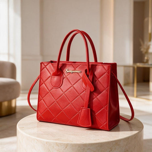 Red Quilted Tote Bag, Diamond Stitch Handbag, Structured Shoulder Bag, Red Purse, Everyday Carryall, Elegant Women’s Handbag