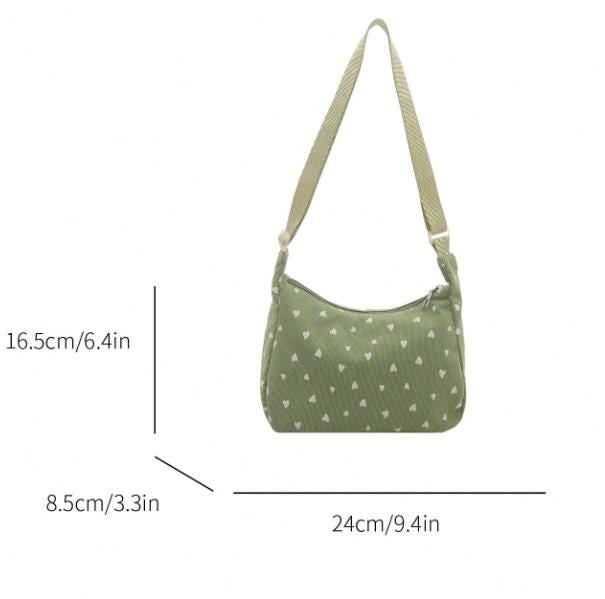 Sage Green Heart Shoulder Bag, Cute Hobo Purse, White Heart Print Handbag, Y2K Style Everyday Bag