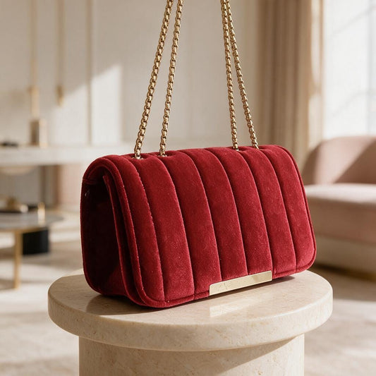 Red Velvet Shoulder Bag, Quilted Chain Strap Purse, Burgundy Evening Handbag, Velvet Crossbody Bag, Elegant Women's Bag