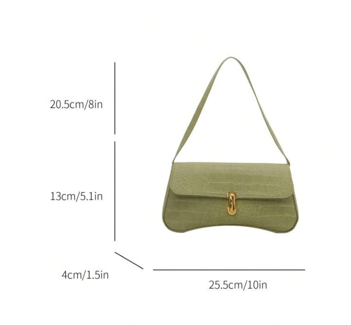 Lime Green Croc Shoulder Bag, Embossed Flap Handbag, Green Baguette Purse, Gold Clasp Y2K Bag, Trendy Underarm Purse