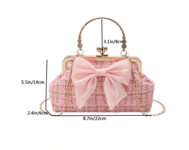 Pink Tweed Bow Handbag, Romantic Frame Purse for Women, Kiss Lock Evening Bag with Chain Strap