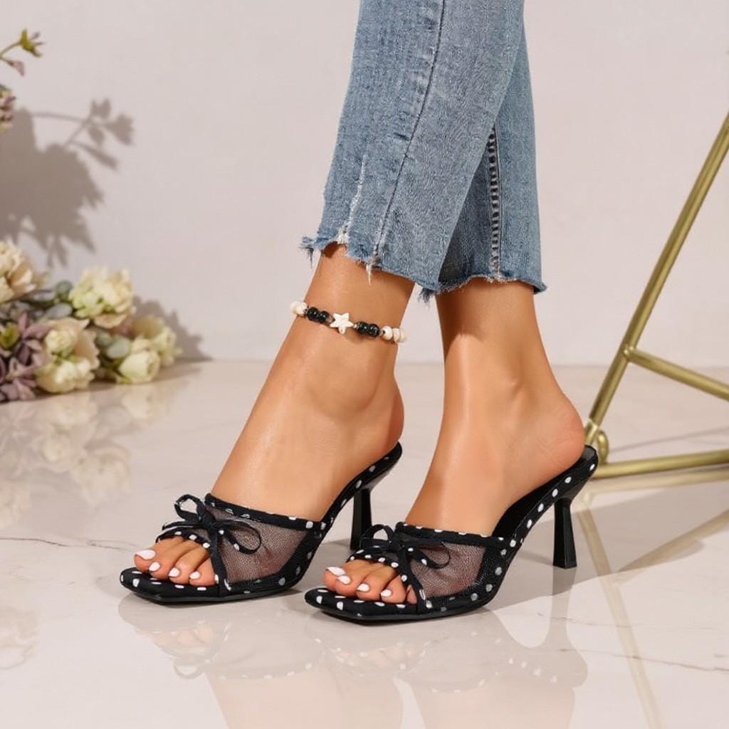 Black Polka Dot Mule Heels, Bow Mesh Peep Toe Shoes, Retro Coquette Sandals, Slip On Heels