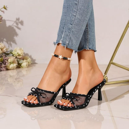 Black Polka Dot Mule Heels, Bow Mesh Peep Toe Shoes, Retro Coquette Sandals, Slip On Heels