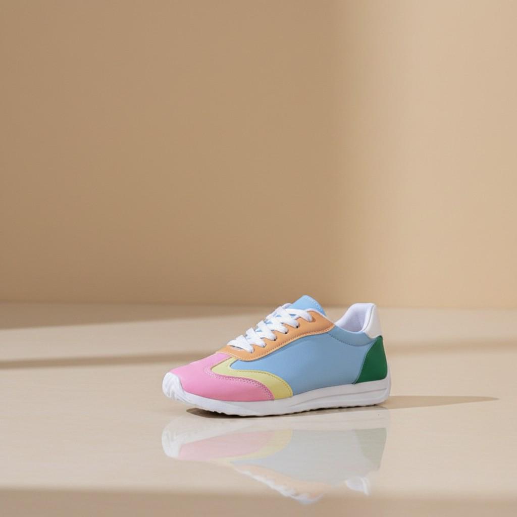 Pastel Color Block Sneakers for Women, Colorful Low Top Shoes, Pink Blue Casual Lace Up Footwear