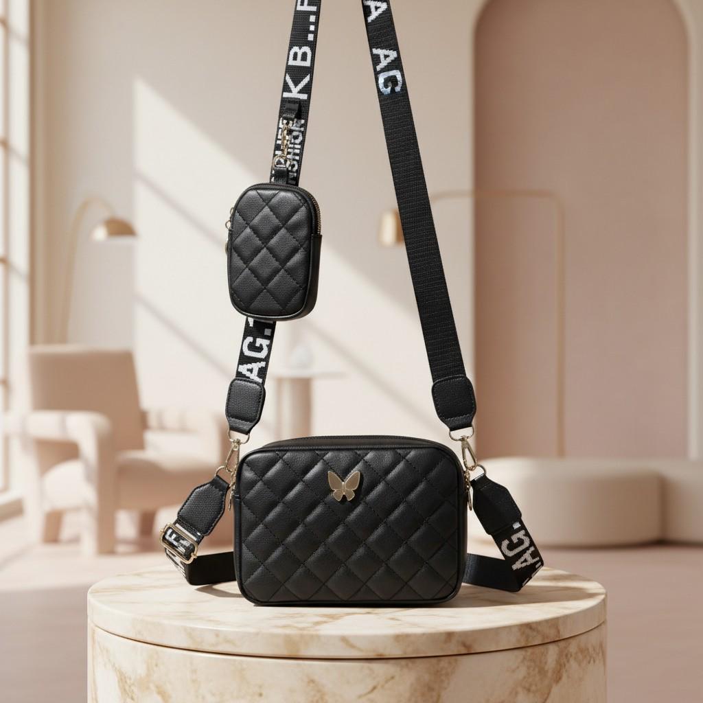 Black Quilted Crossbody Bag for Women, Small Shoulder Purse, Adjustable Strap, Everyday Handbag with Mini Pouch