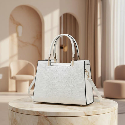 White Croc Embossed Handbag, Structured Top Handle Bag, Women's Shoulder Crossbody Purse, Elegant White Satchel