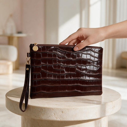 Brown Crocodile Clutch Bag, Glossy Wristlet Purse, Embossed Brown Evening Bag, Croc Print Pouch, Dark Brown Party Bag