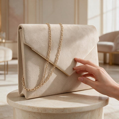 Ivory Clutch Bag, Cream Envelope Purse with Gold Chain, Elegant Evening Bag, Wedding Guest Handbag, Bridal Party Purse