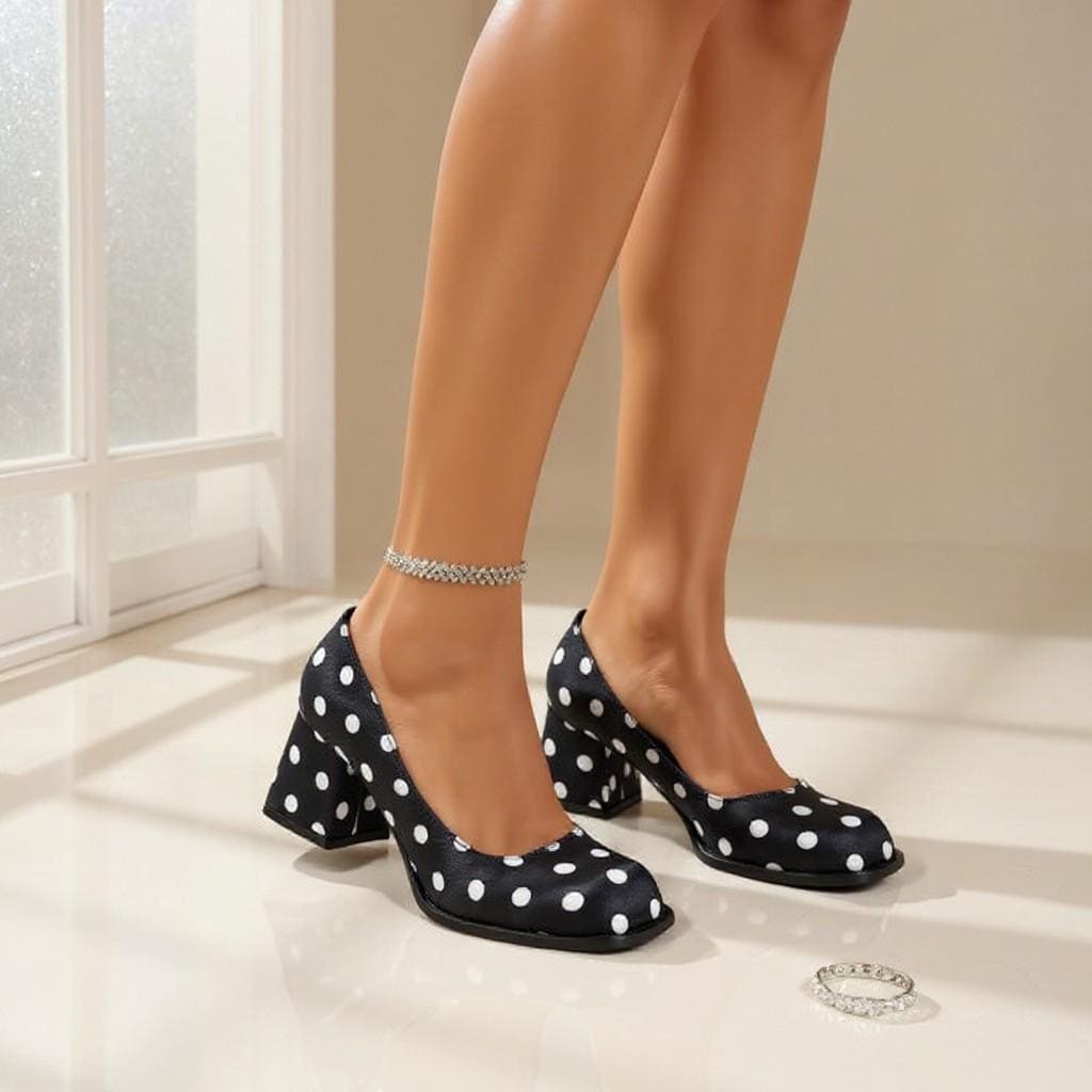 Black Polka Dot Heels, White Dot Block Heel Pumps, Retro Dress Shoes