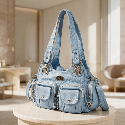 Light Blue Shoulder Bag, Quilted Purse, Y2K Multi Pocket Handbag, Blue Crossbody Bag