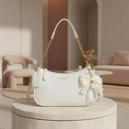 White Baguette Shoulder Bag, Bow Purse, Pearl Charm Handbag, Gold Chain Bag, Coquette Purse, Elegant Y2K Women's Handbag