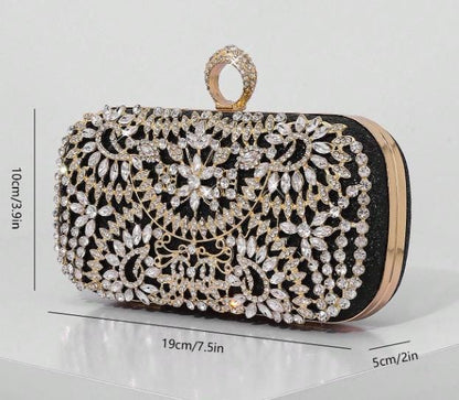 Black Crystal Clutch Bag, Rhinestone Evening Purse, Floral Bridal Bag, Wedding Clutch with Gold Chain, Sparkly Formal Bag