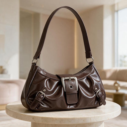 Dark Brown Shoulder Bag, Buckle Baguette Purse, Y2K Handbag, Vintage Inspired Small Bag