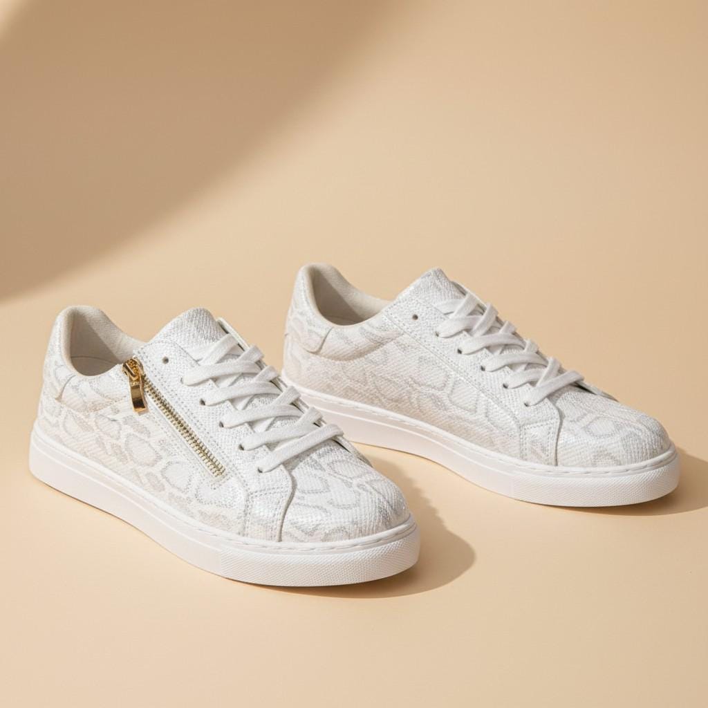 White Floral Sneakers, Women's Lace Up Shoes, Gold Zipper Casual Trainers