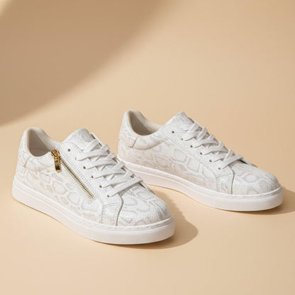 White Floral Sneakers, Women's Lace Up Shoes, Gold Zipper Casual Trainers