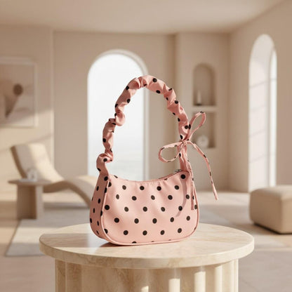 Pink Polka Dot Shoulder Bag, Bow Ribbon Strap Purse, Y2K Baguette Handbag, Coquette Pink Bag, Cute Everyday Purse
