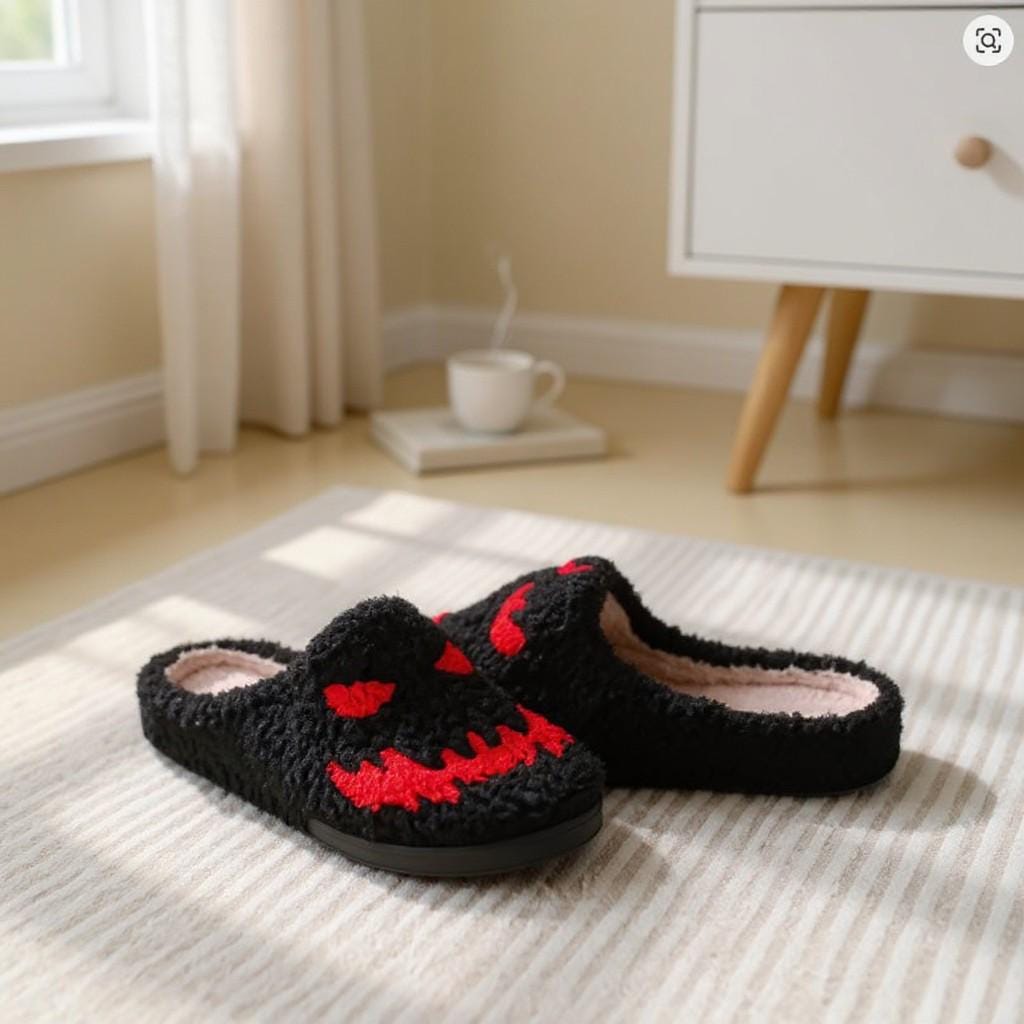 Monster Slippers, Black Fuzzy House Shoes, Spooky Halloween Slippers