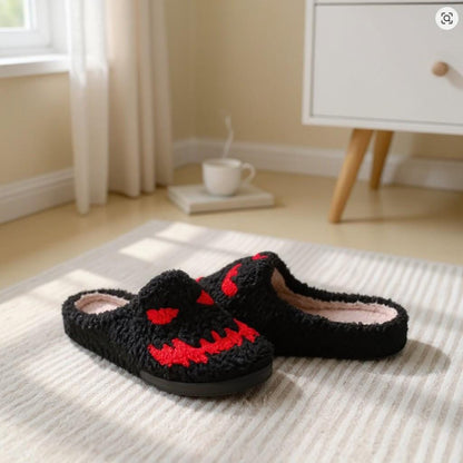 Monster Slippers, Black Fuzzy House Shoes, Spooky Halloween Slippers