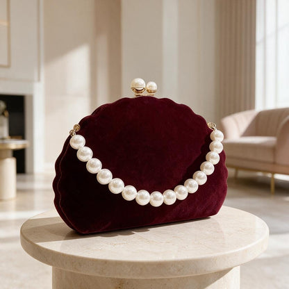 Burgundy Pearl Clutch, Velvet Evening Purse, Pearl Trim Bag, Wedding Guest Clutch, Elegant Formal Handbag