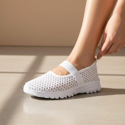White Mesh Mary Jane Sneakers for Women, Casual Strap Shoes, Lightweight Summer Footwear