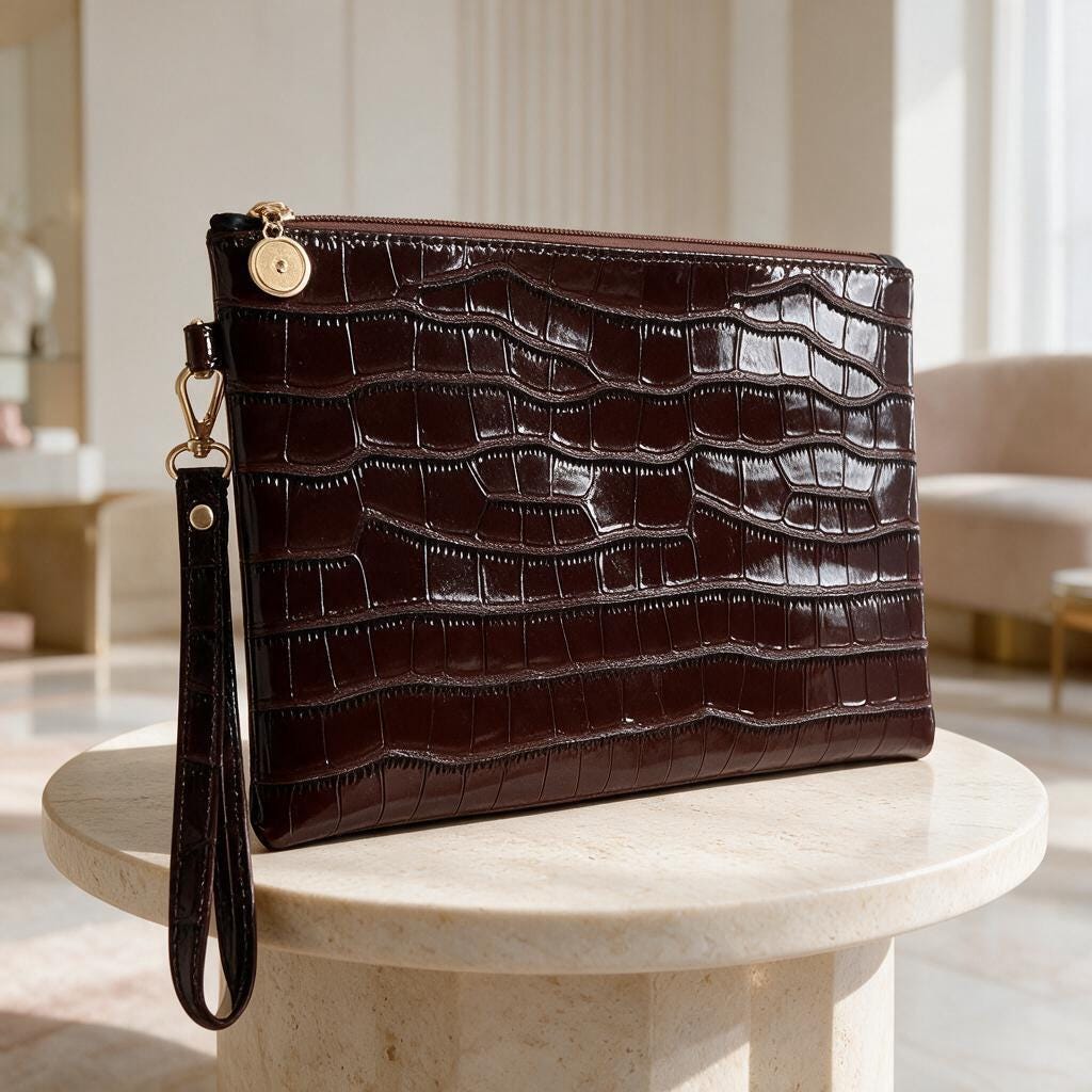 Brown Crocodile Clutch Bag, Glossy Wristlet Purse, Embossed Brown Evening Bag, Croc Print Pouch, Dark Brown Party Bag