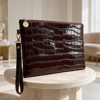 Brown Crocodile Clutch Bag, Glossy Wristlet Purse, Embossed Brown Evening Bag, Croc Print Pouch, Dark Brown Party Bag
