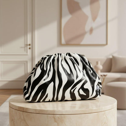 Zebra Print Clutch Bag, Black White Slouchy Purse, Animal Print Evening Bag
