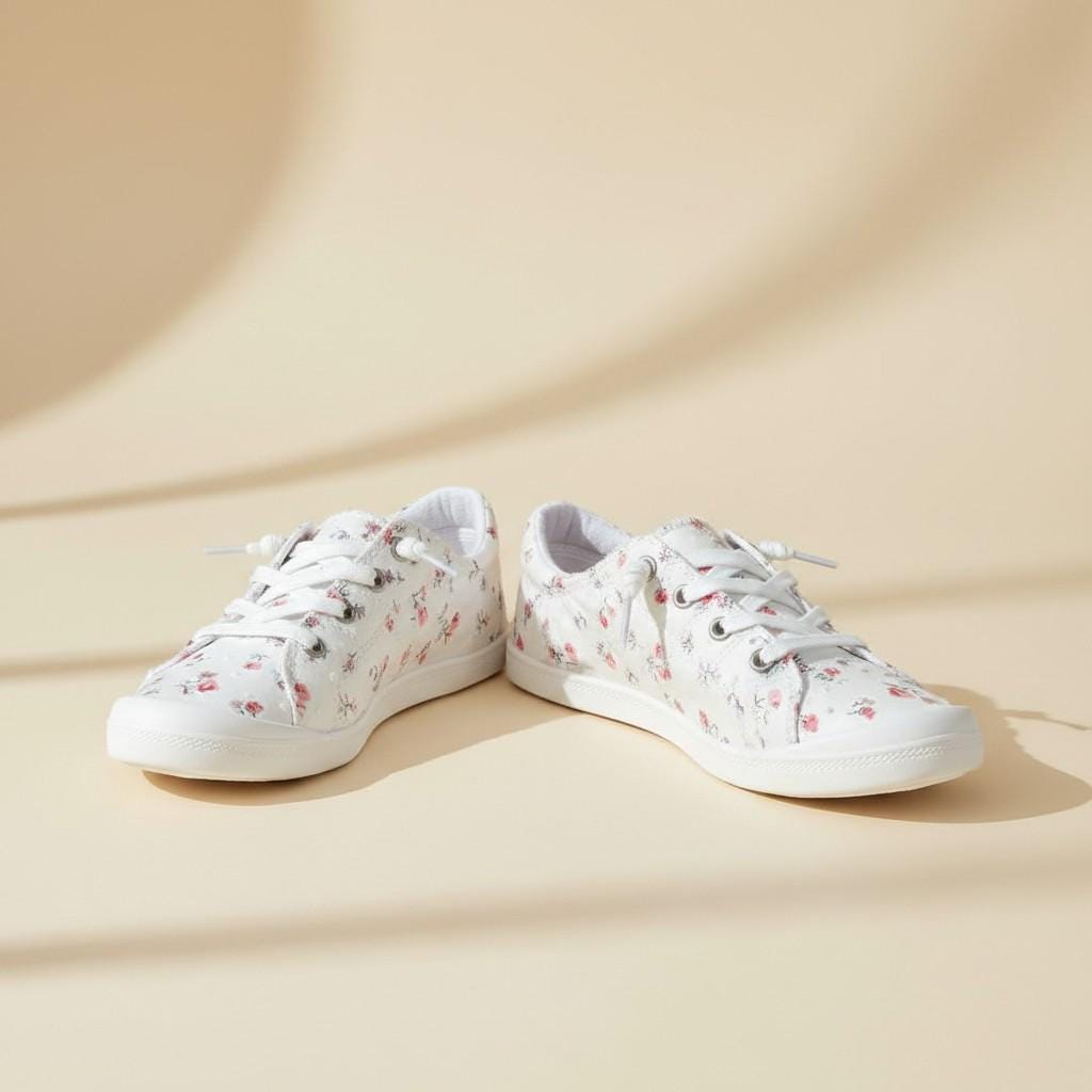 Floral Low Top Sneakers for Women, White Flower Print Shoes, Vintage Lace Up Casual Footwear