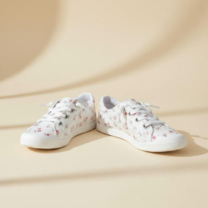 Floral Low Top Sneakers for Women, White Flower Print Shoes, Vintage Lace Up Casual Footwear