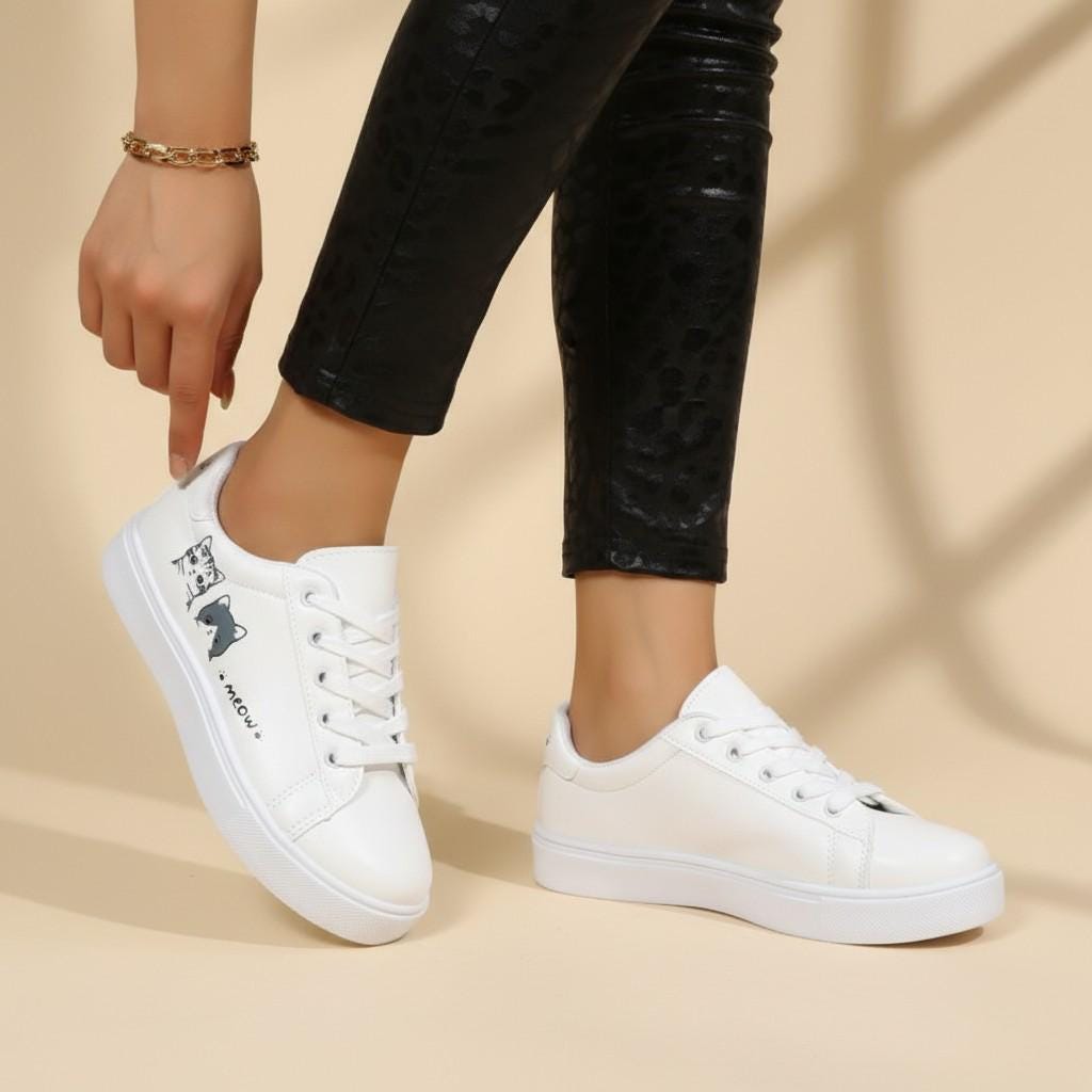 Cat Sneakers for Women, Cute White Low Top Shoes with Kitty Print