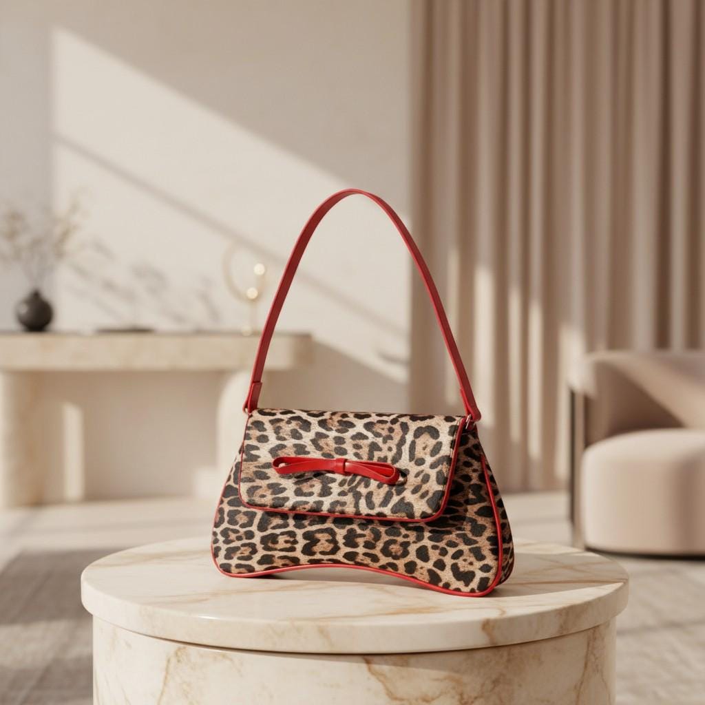 Leopard Print Baguette Bag, Y2K Shoulder Purse, Red Trim Animal Print Handbag, Small Underarm Bag, Retro Style Purse