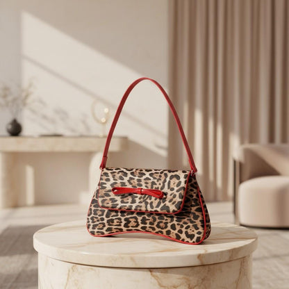 Leopard Print Baguette Bag, Y2K Shoulder Purse, Red Trim Animal Print Handbag, Small Underarm Bag, Retro Style Purse