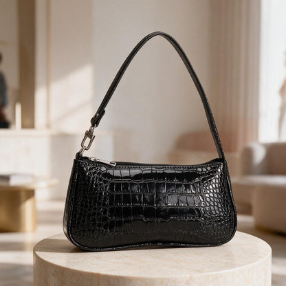 Black Croc Embossed Shoulder Bag, Y2K Baguette Purse, Glossy Mock Croc Handbag, Mini Underarm Bag, Patent Look Purse