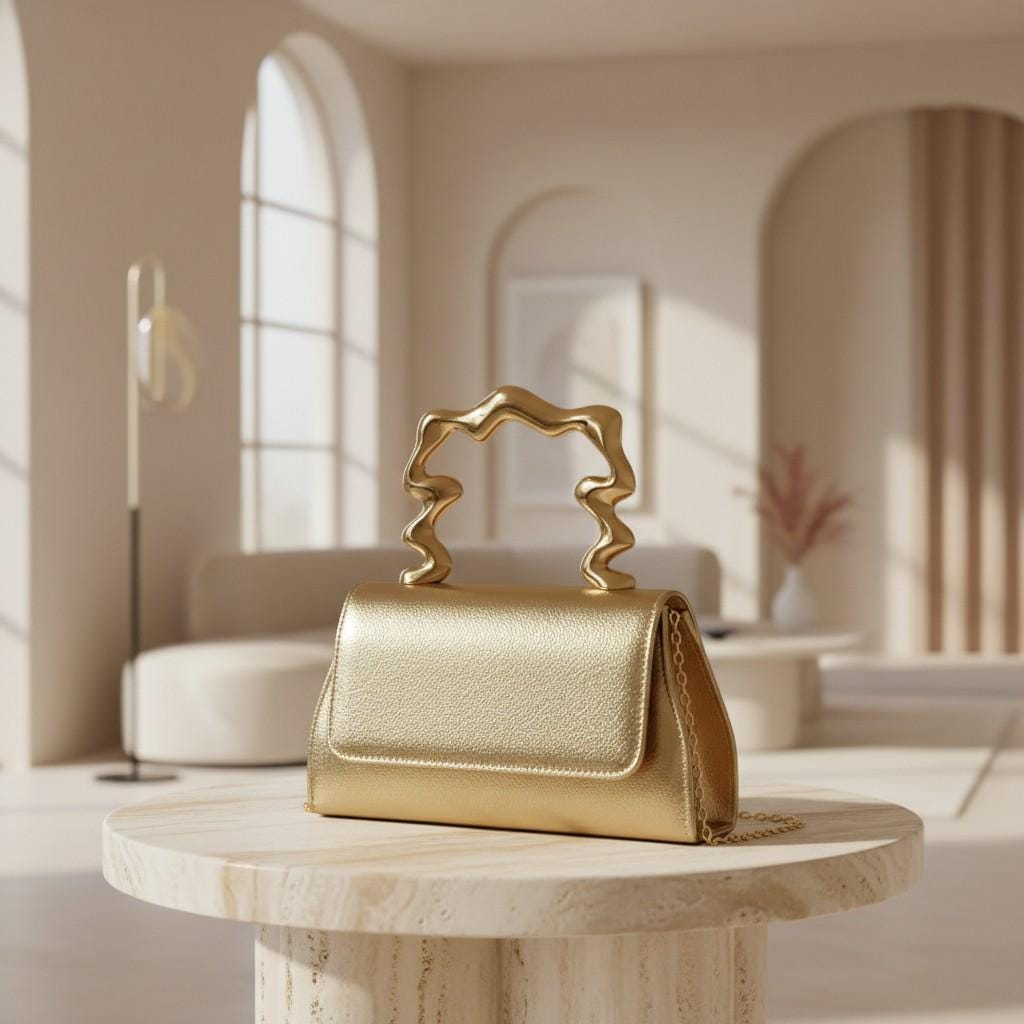 Gold Evening Bag, Metallic Clutch Purse, Top Handle Handbag, Chain Strap Party Bag, Wedding Guest Purse