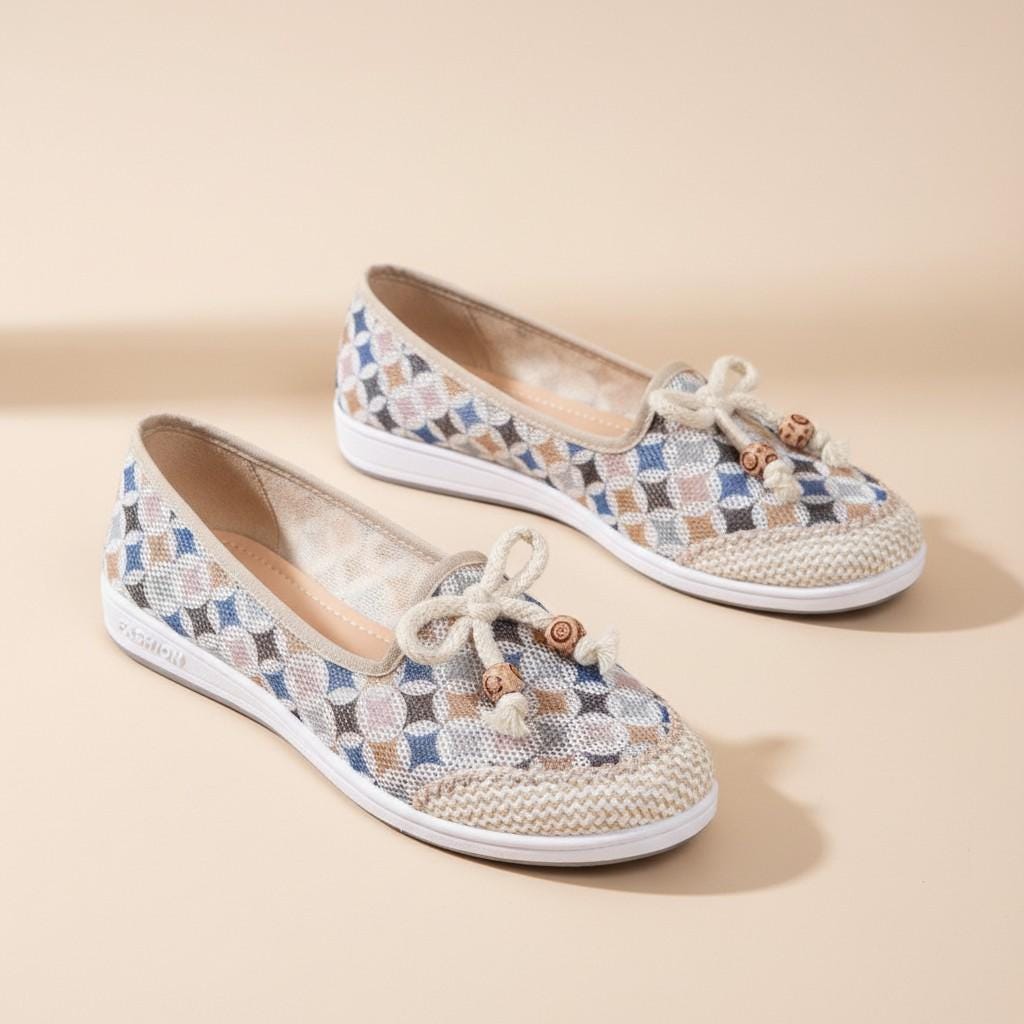 Woven Slip On Flats for Women, Geometric Floral Shoes, Casual Summer Loafers with Bow