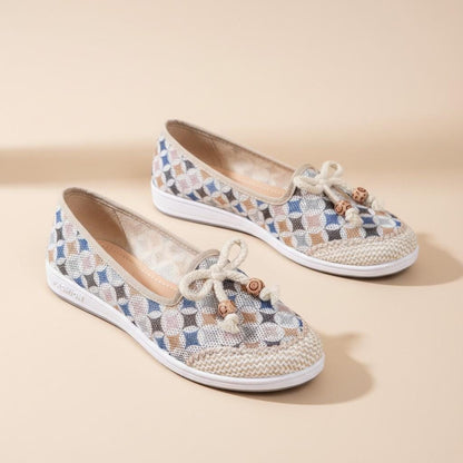 Woven Slip On Flats for Women, Geometric Floral Shoes, Casual Summer Loafers with Bow