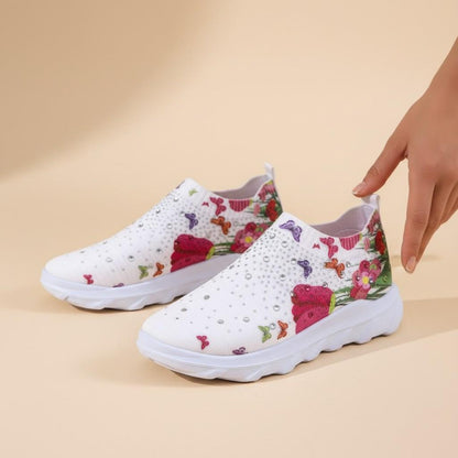 Floral Slip On Sneakers, Women's White Wedge Shoes, Flower Platform Sneakers