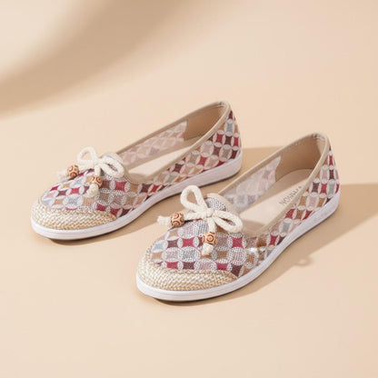 Woven Bow Ballet Flats for Women, Pink Beige Patterned Shoes, Casual Slip On Flats