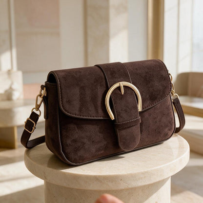 Brown Crossbody Bag, Chocolate Shoulder Purse, Gold Buckle Handbag, Minimalist Small Bag, Everyday Women's Purse
