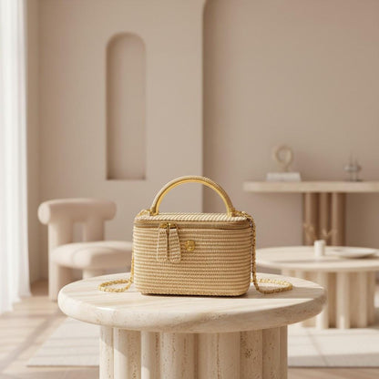 Woven Top Handle Bag, Beige Shoulder Purse, Structured Woven Handbag, Gold Chain Crossbody Bag, Mini Summer Bag