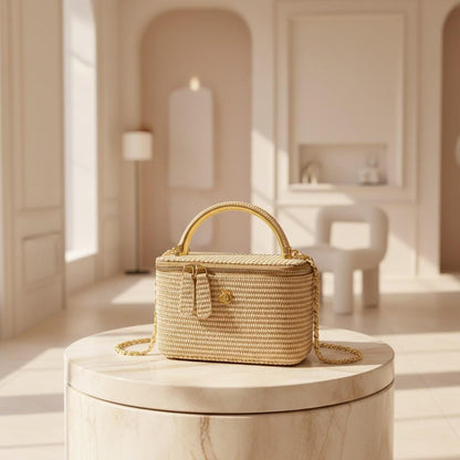Woven Top Handle Bag, Beige Shoulder Purse, Structured Woven Handbag, Gold Chain Crossbody Bag, Mini Summer Bag
