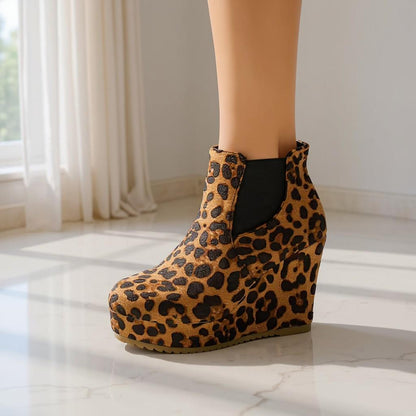 Leopard Wedge Boots, Platform Chelsea Ankle Boots, Chunky Animal Print Shoes