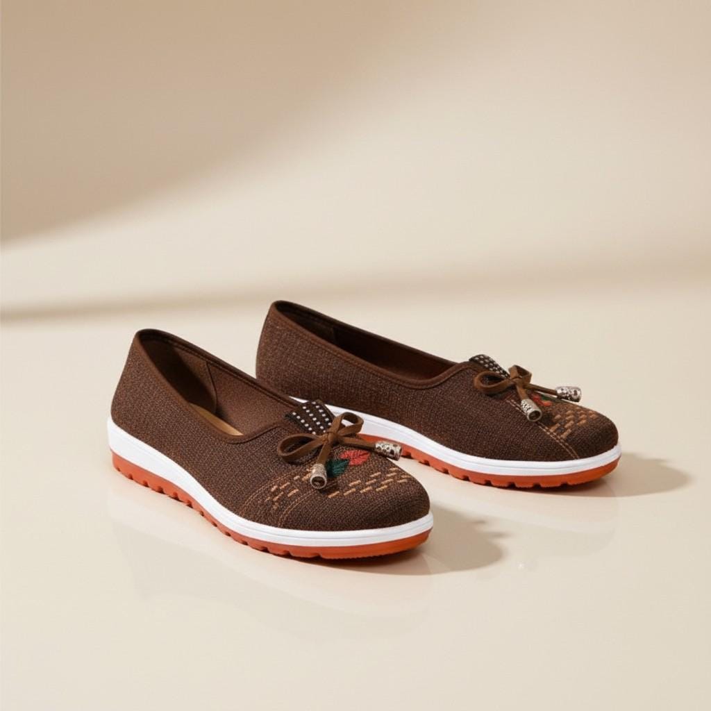 Brown Embroidered Flats for Women, Bow Slip On Shoes, Casual Woven Loafers