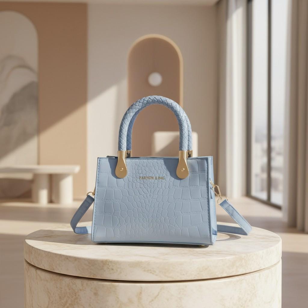 Blue Crocodile Print Handbag, Structured Top Handle Bag for Women, Small Shoulder Purse with Long Strap