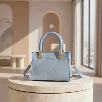 Blue Crocodile Print Handbag, Structured Top Handle Bag for Women, Small Shoulder Purse with Long Strap