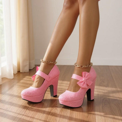 Pink Mary Jane Heels, Bow Platform Pumps, Chunky High Heel Shoes