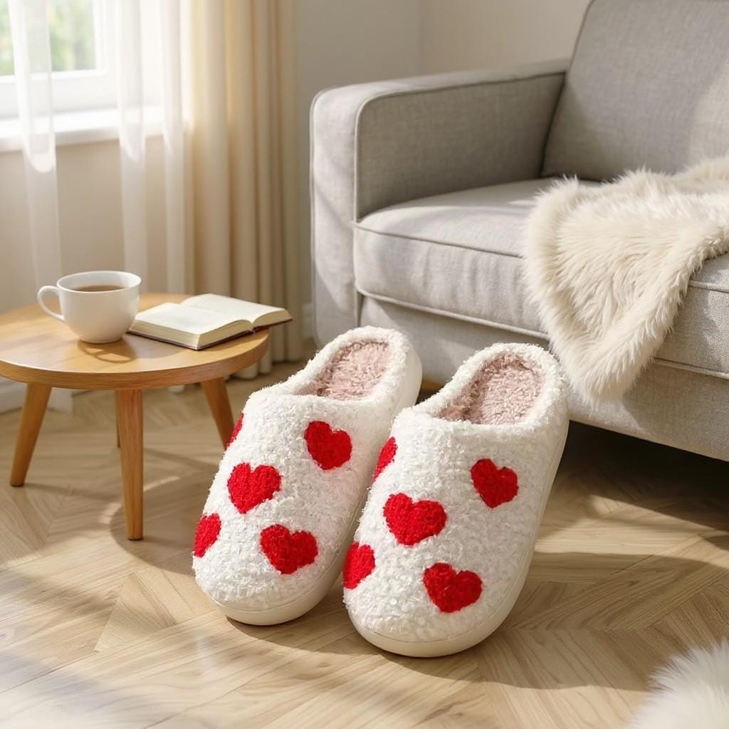 Heart Slippers, Fuzzy Plush House Shoes, Cute Valentine Slippers, Cozy Indoor Footwear