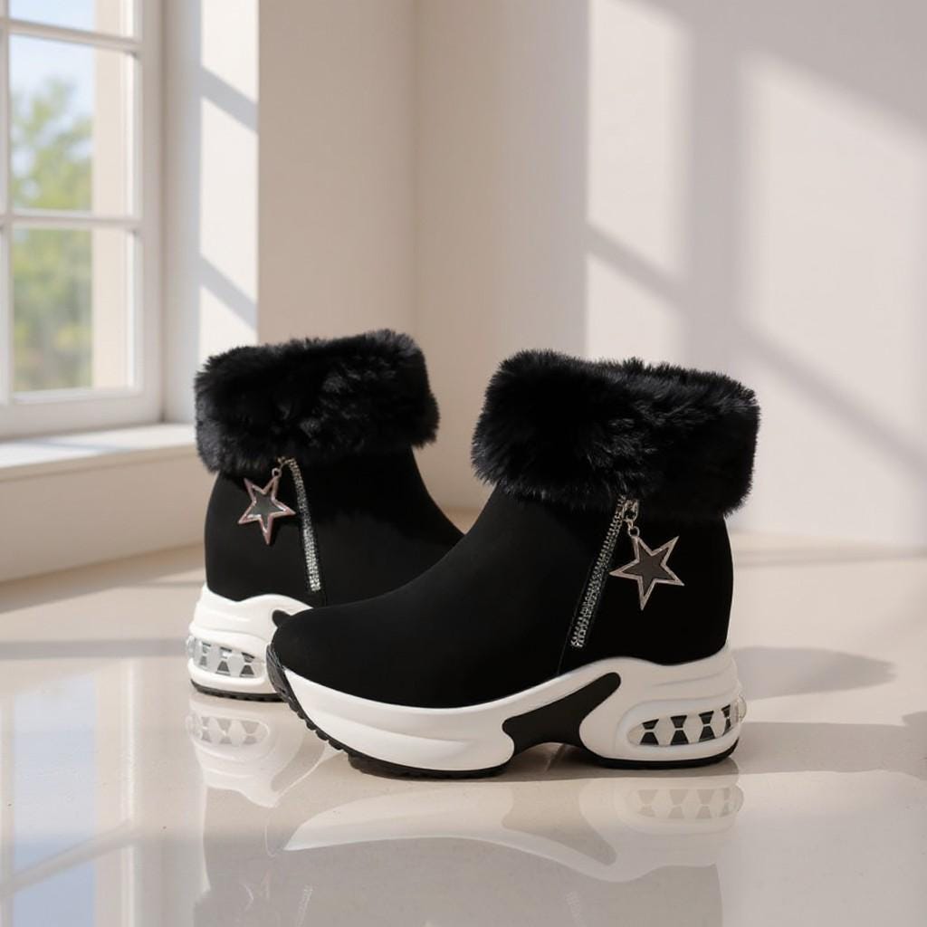 Black Fur Boots, Star Detail Winter Ankle Boots, Chunky Platform Shoes