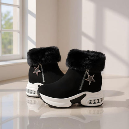 Black Fur Boots, Star Detail Winter Ankle Boots, Chunky Platform Shoes